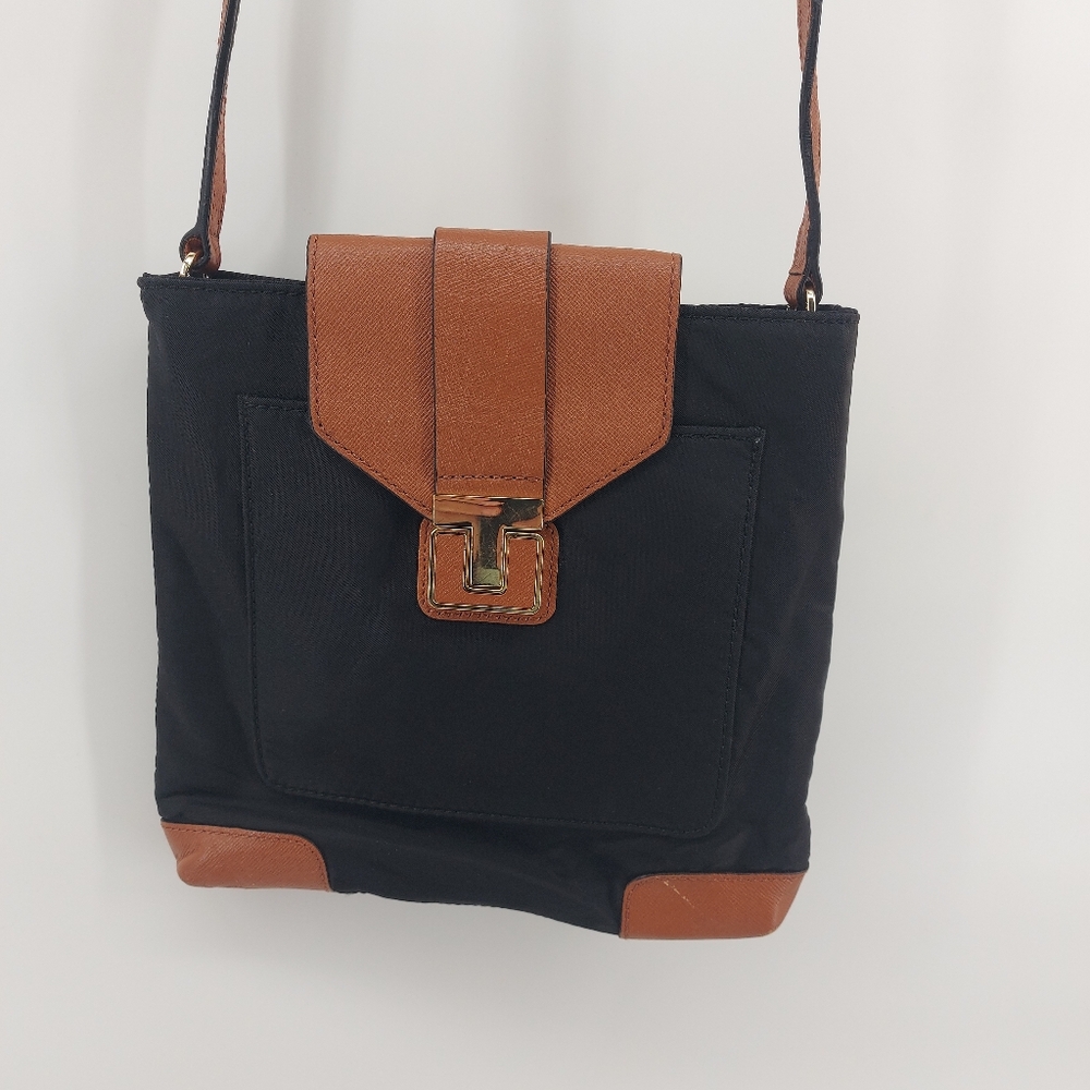 Tory Burch Black and Tan Nylon and Lather Crossbody